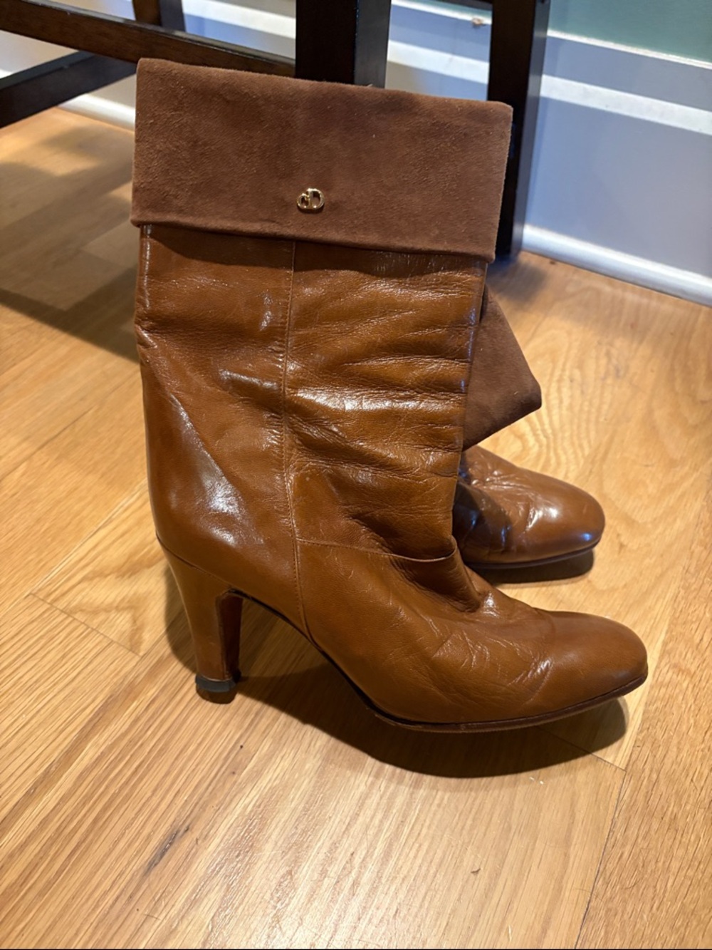 Vintage Cognac Brown Leather Fold-Over Heeled Boots 40/9